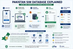 Pakistan SIM database and SIM verification process showing CNIC check, PTA DIRBS system, operator database verification, and registered SIM results